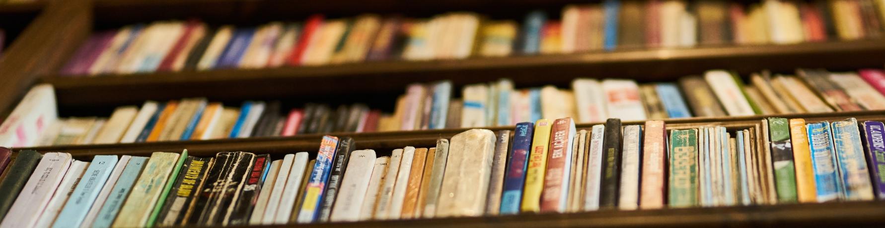 three rows of wooden book shelves, filled with books